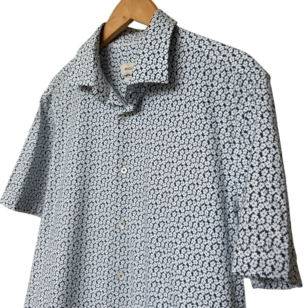 BUGATCHI Men's L Blue Floral Short Sleeve Shirt Casual Stretch Cotton Summer